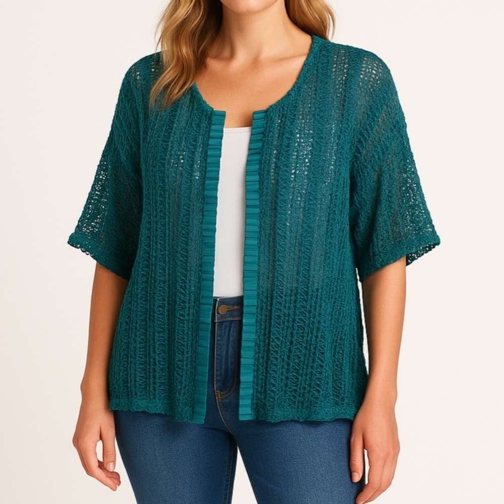 Open-Front Teal Knit Cardigan Sweater